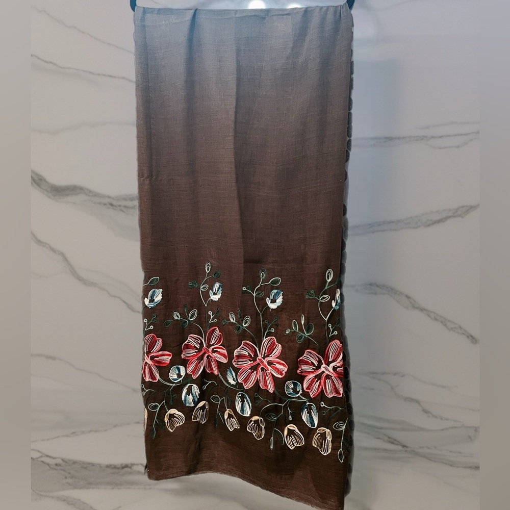 Treska Mocha Gray Floral Hand Embroidered Scarf or Wrap, Multicolored NEW - Picture 2 of 7
